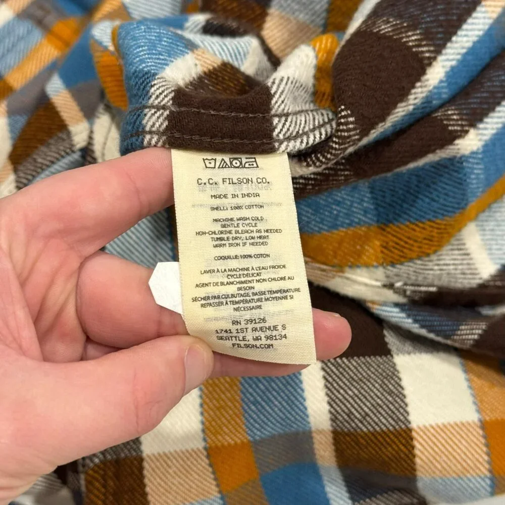 Filson Mens Vintage Flannel Work Shirt Brown Cream Ochre Blue Plaid Size M NWOT - Picture 9 of 10